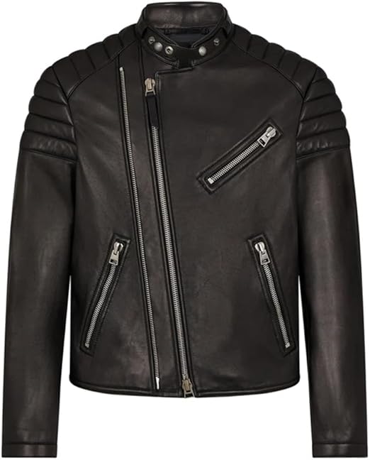 Vsadsau Mens Classic Leather Motorcycle Jacket Stand Up Collar Short Riding Jacket British Zip Coat