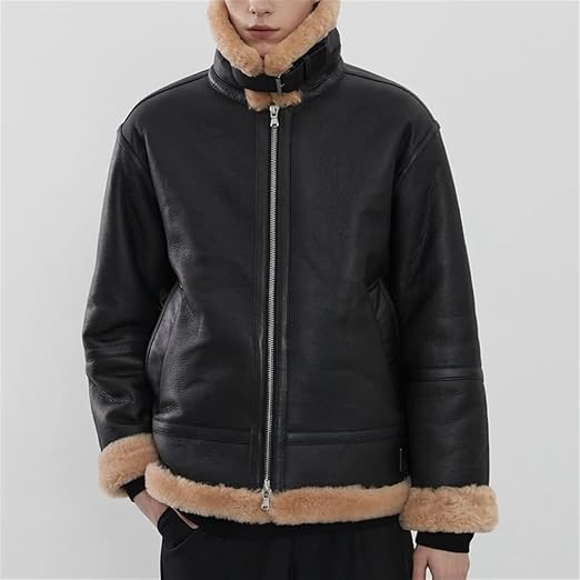 Mens Leather Shearling Jacket British Style Thickened Oversized Overcoat Full Zip Up Bomber Jacket