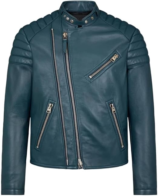 Vsadsau Mens Classic Leather Motorcycle Jacket Stand Up Collar Short Riding Jacket British Zip Coat