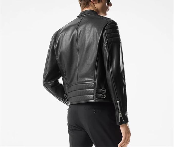 Vsadsau Mens Classic Leather Motorcycle Jacket Stand Up Collar Short Riding Jacket British Zip Coat