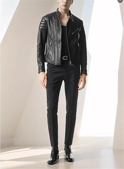 Vsadsau Mens Classic Leather Motorcycle Jacket Stand Up Collar Short Riding Jacket British Zip Coat